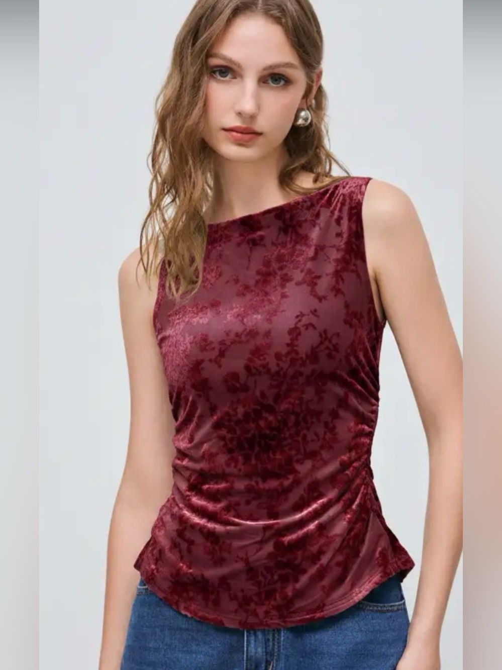 Cider BOAT NECK VELVET FLORAL RUCHED TIE BACK TOP